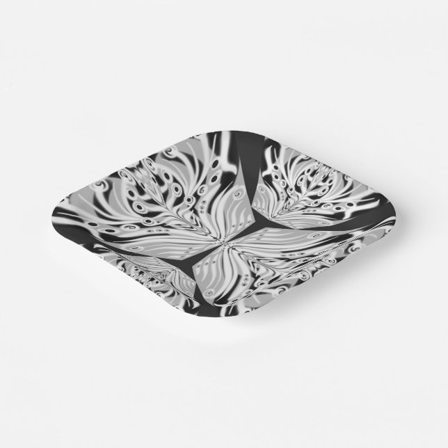 Grey Black And White Butterfly Winged Abstract Paper Plate (Angled)