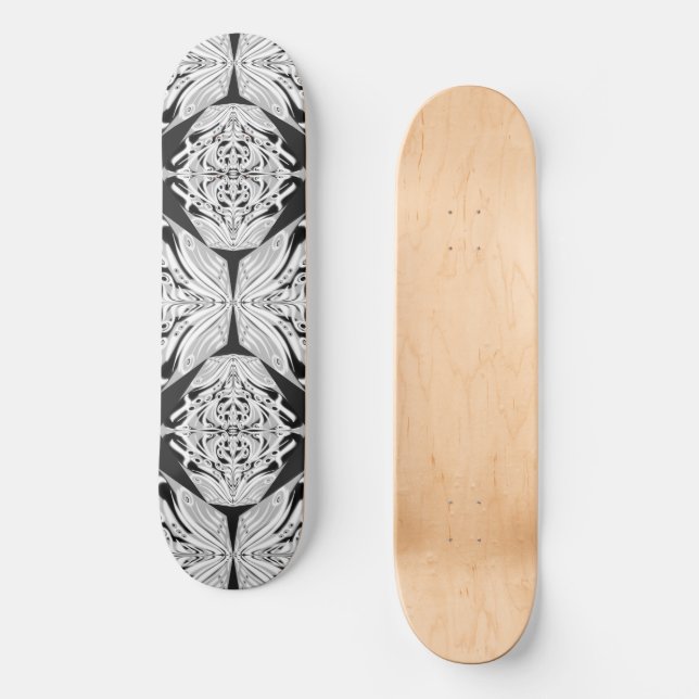 Grey Black And White Butterfly Winged Abstract Skateboard (Front)
