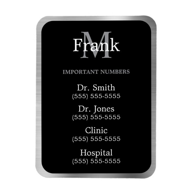 Grey Black and White Important Phone Numbers Magnet (Vertical)