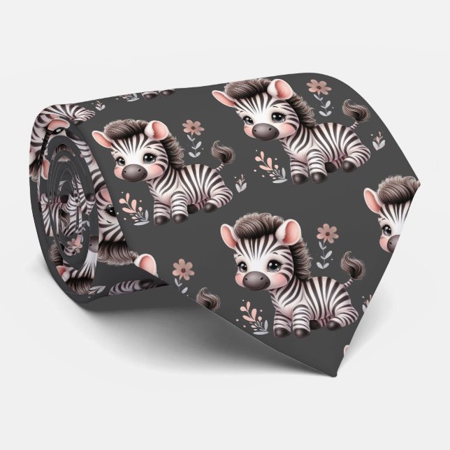 Grey Black and White Modern Kawaii Cute Zebras Tie (Rolled)