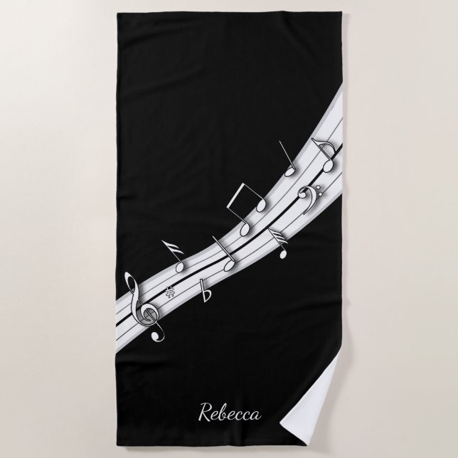 Grey black and white musical notes score beach towel (Front)