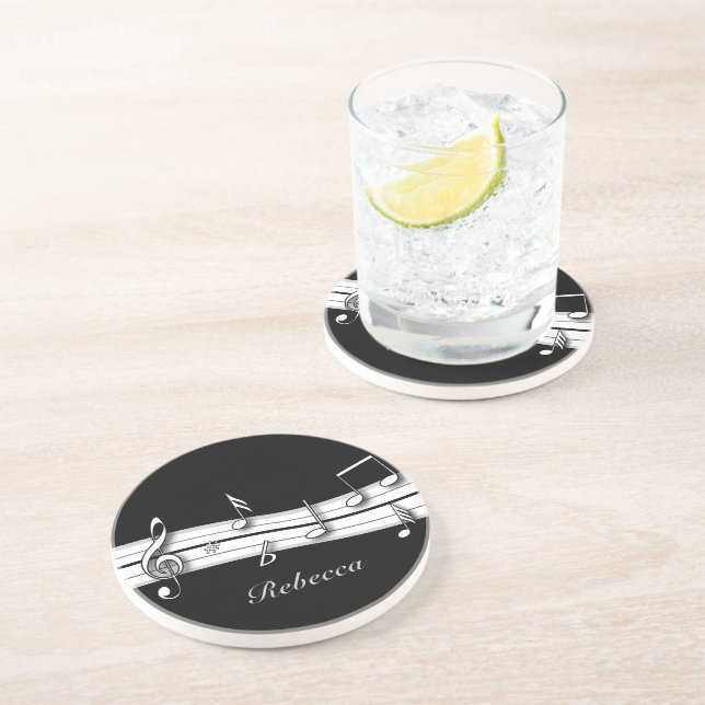 Grey black and white musical notes score coaster (Side)