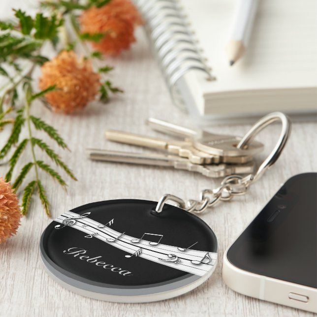 Grey black and white musical notes score key ring (Front Right)