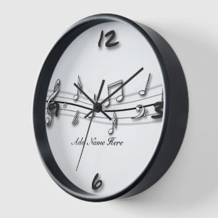 Grey black and white musical notes score wall clock