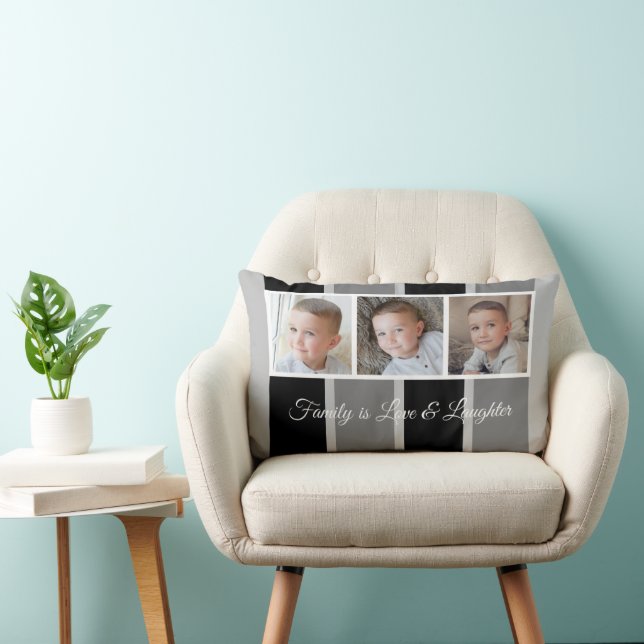 Grey black and white photo collage family striped lumbar cushion (Chair)