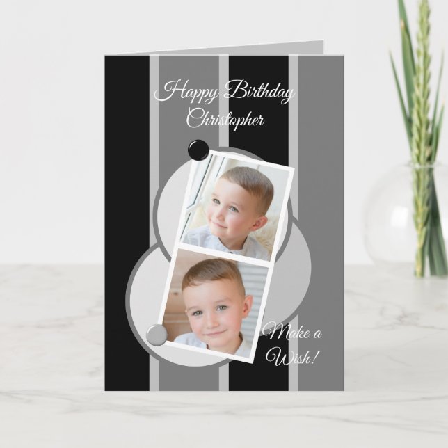 Grey black and white stripes photos birthday card (Front)