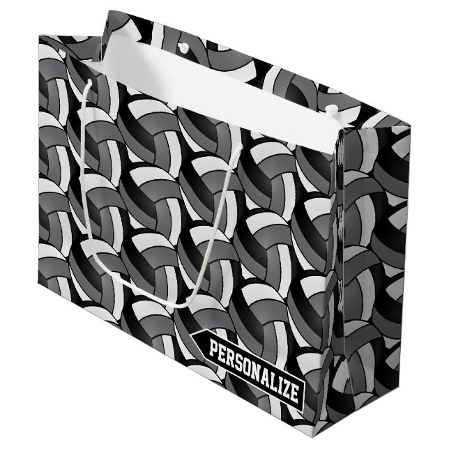 Grey, Black and White Volleyball - Personalise Large Gift Bag (Front Angled)