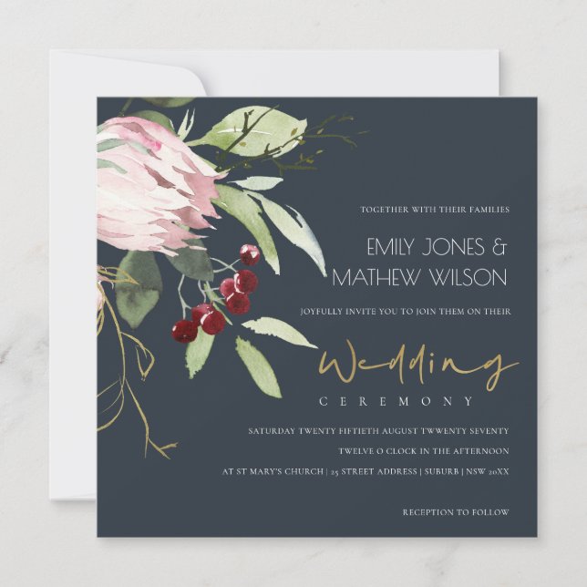 GREY BLACK BLUSH BURGUNDY PROTEA FLORAL WEDDING INVITATION (Front)