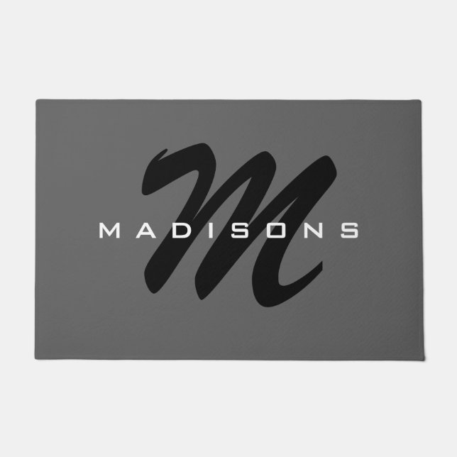 Grey Black Bold Monogram Modern Family Name Doormat (Front)