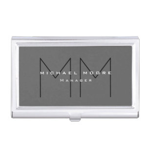 Grey Black Bold Monogram Modern Minimalist Business Card Holder
