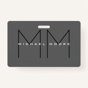 Grey Black Bold Monogram Modern Minimalist ID Badge