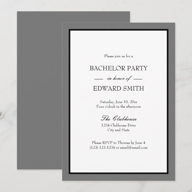 Grey Black Border Bachelor Party Invitations (Front/Back)