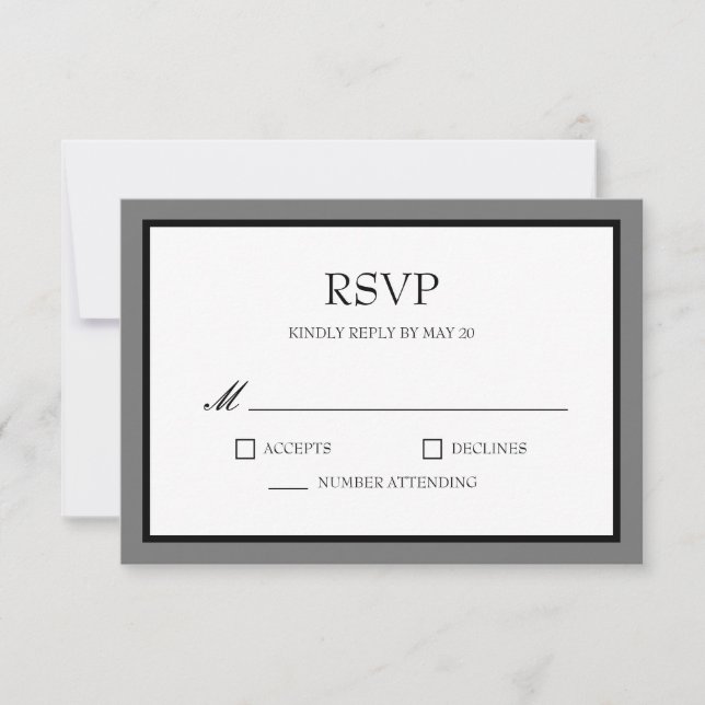 Grey Black Border Block Wedding RSVP Response Card (Front)