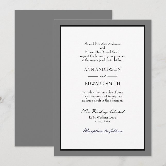 Grey Black Border Both Parents Wedding Invitation (Front/Back)