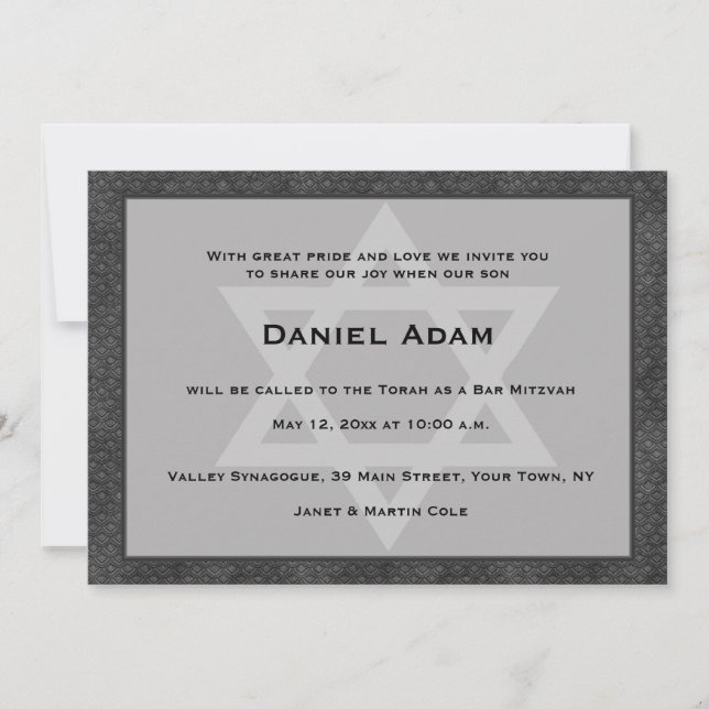 Grey, Black Border, Star, Bar Mitzvah Invitation (Front)