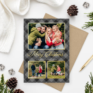 Grey Black Buffalo Plaid Christmas Photo Collage Foil Holiday Card