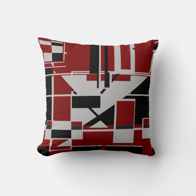 Grey Black Burgundy Geometric Abstract Labyrinth Cushion (Front)