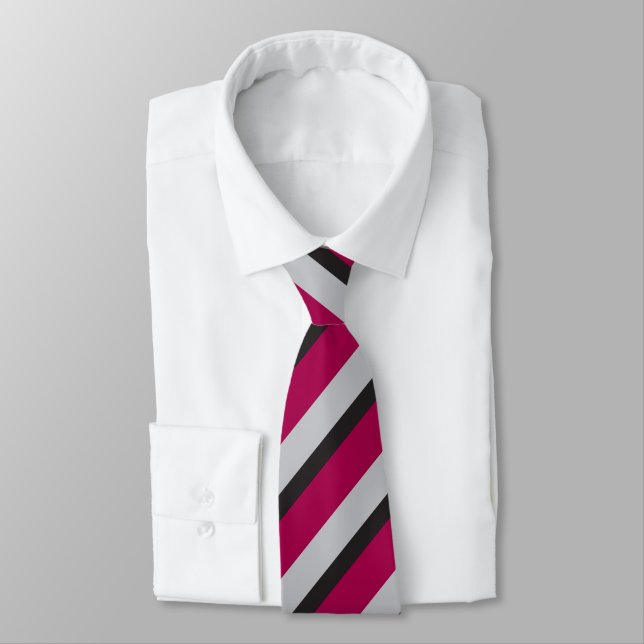 Grey Black & Burgundy Regimental Stripe Tie (Tied)