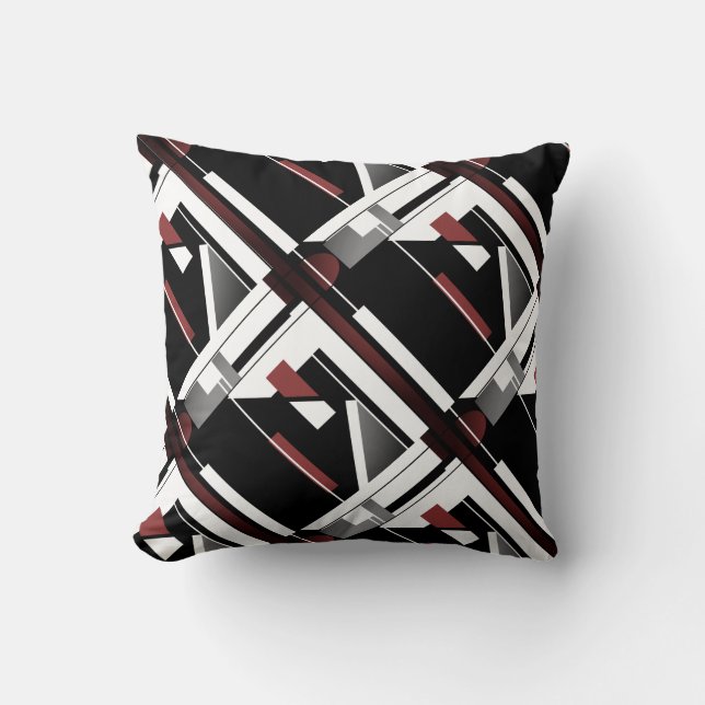 Grey Black Burgundy White Slanted Geometric Tiles Cushion (Front)