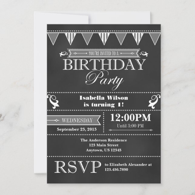 Grey Black Chalkboard Birthday Invitation (Front)