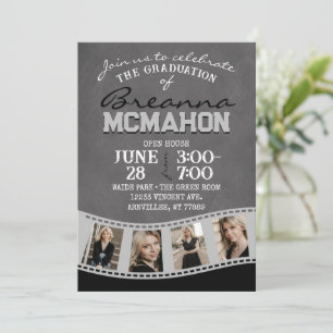 Grey & Black Chalkboard Photo Filmstrip Graduation Invitation