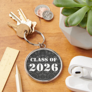 Grey & Black Damask Class of Graduation Key Ring