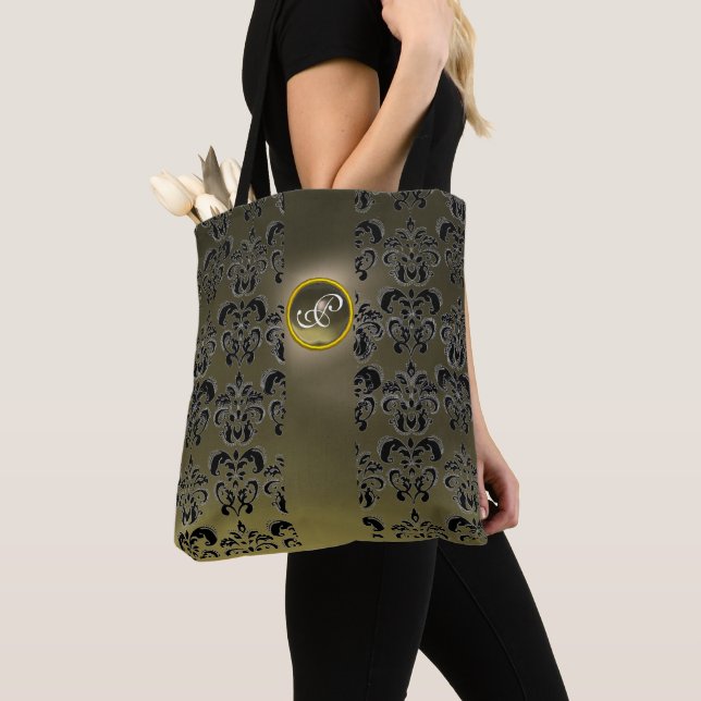 GREY BLACK DAMASK FLORAL , AGATA GEMSTONE MONOGRAM TOTE BAG (Close Up)