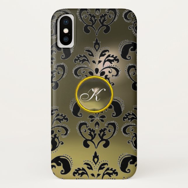 GREY BLACK DAMASK GEMSTONE MONOGRAM Floral Case-Mate iPhone Case (Back)