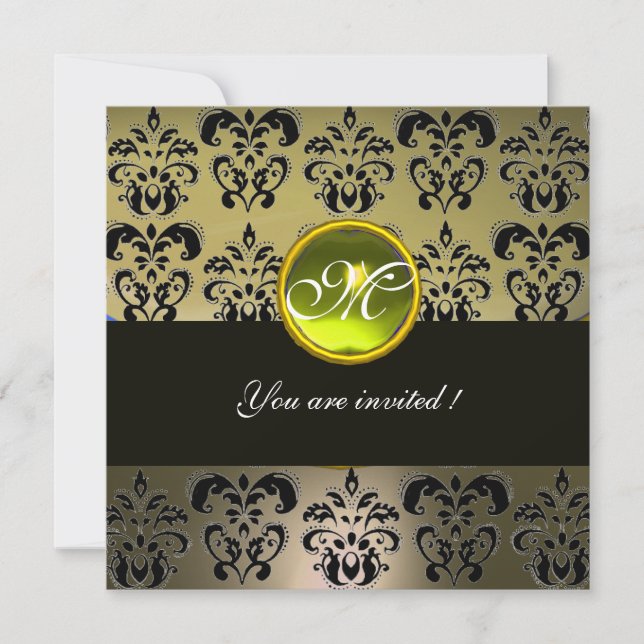 GREY BLACK DAMASK MONOGRAM,  topaz Invitation (Front)