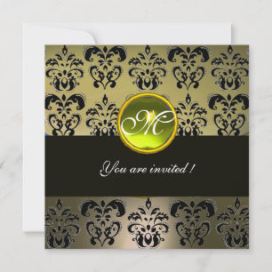 GREY BLACK DAMASK MONOGRAM,  topaz Invitation