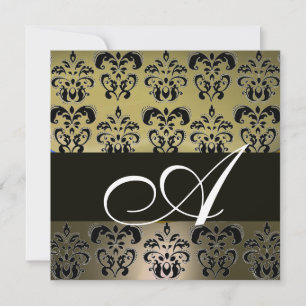 GREY  BLACK  DAMASK MONOGRAM , white Invitation