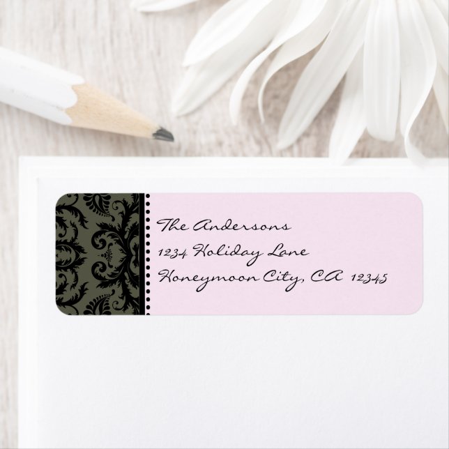 Grey & Black Damask Swirl Pale Pink Address Labels (Insitu)
