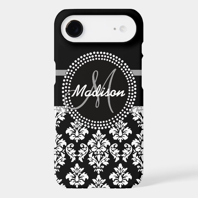 Grey Black Damask with Monogram Case-Mate iPhone Case (Back)