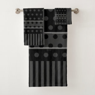 GREY BLACK DOTS AND STRIPES BATH TOWEL SET