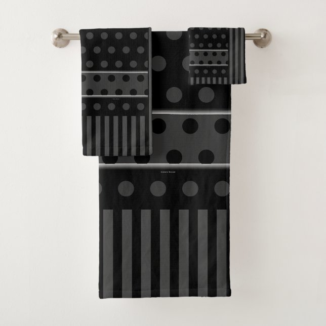 GREY BLACK DOTS AND STRIPES BATH TOWEL SET (Insitu)