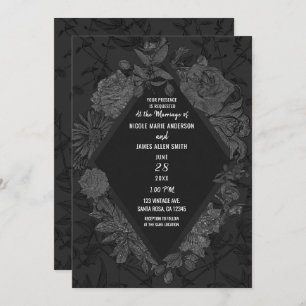Grey Black Elegant Diamond Vintage Flowers Wedding Invitation