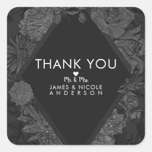 Grey Black Elegant Diamond Vintage Flowers Wedding Square Sticker