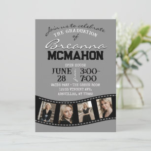 Grey & Black Filmstrip 5 Photo Graduation Invitation
