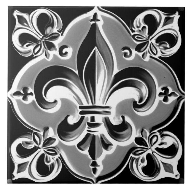 Grey & Black Fleur de Lis Tile - Dark Grey Ceramic (Front)