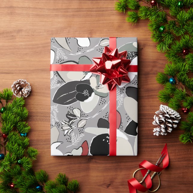 Grey Black Floral Winter Magnolia Wrapping Paper (Holiday Gift)