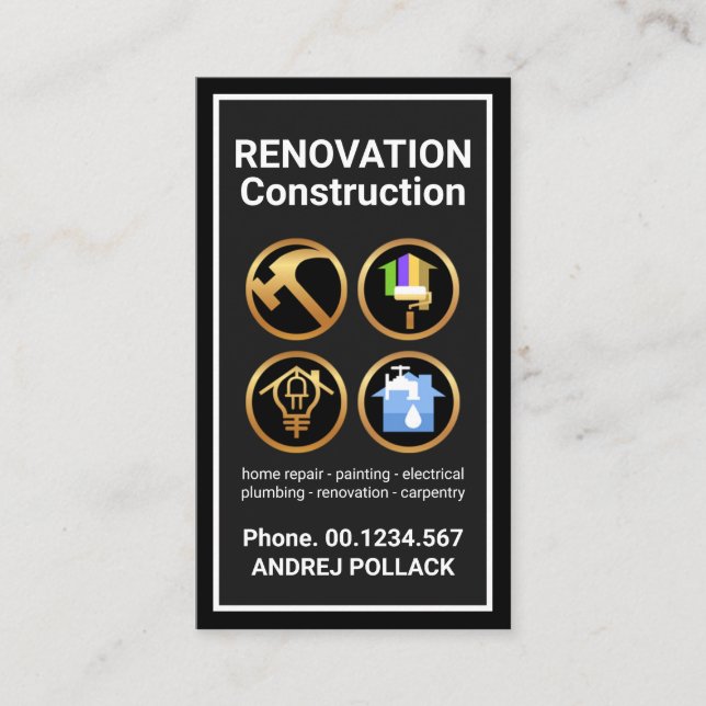 Grey Black Frame Gold Construction Handyman Tools Business Card (Front)