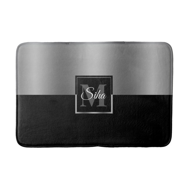 Grey & Black Geometric Design Monogram Bath Mat (Front)