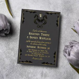 Grey Black Gold Dragon Monogram Fantasy Wedding