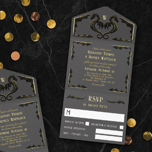 Grey Black Gold Dragon Monogram Fantasy Wedding All In One Invitation