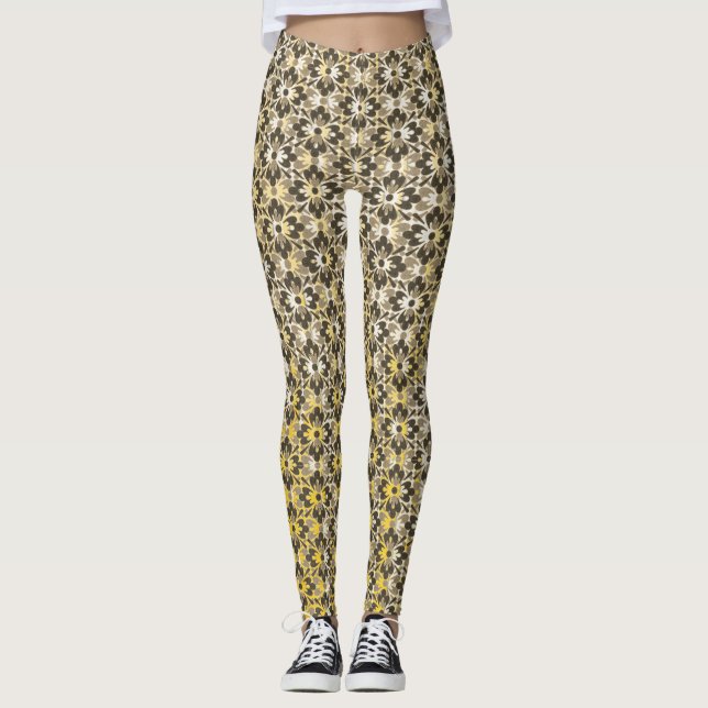 Grey, Black, & Gold Patterned Flowers Leggings (Front)