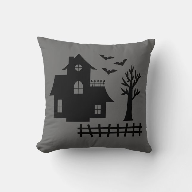 Grey Black Haunted House Creepy Halloween House Cushion (Front)