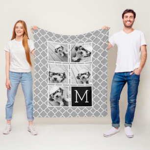 Grey & Black Instagram 5 Photo Collage Monogram Fleece Blanket