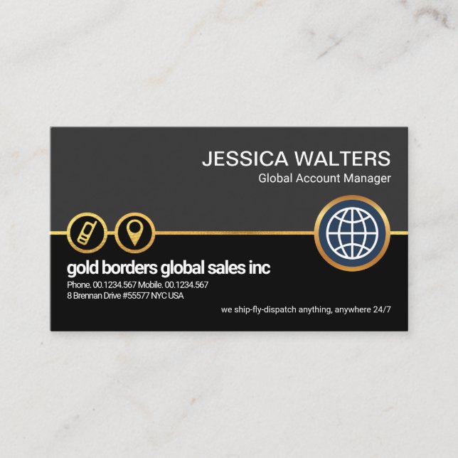 Grey Black Layer Faux Gold Location Icon Global Business Card (Front)
