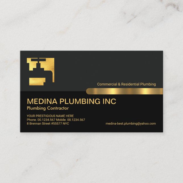 Grey Black Layers Gold Water Faucet Plumbing Business Card (Front)