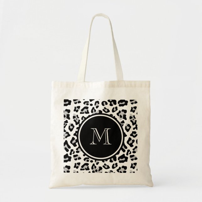 Grey Black Leopard Animal Print with Monogram Tote Bag (Front)
